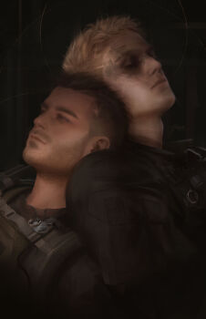 Rule 34 | 2boys, absurdres, adam's apple, belt, black belt, black jacket, blonde hair, blue eyes, brown hair, call of duty, call of duty: modern warfare 2, chest belt, closed eyes, closed mouth, commentary, dirty, dirty face, english commentary, eyelashes, facial hair, ghost (modern warfare 2), head on another's shoulder, head rest, highres, jacket, jeleynai, looking ahead, male focus, mohawk, multiple boys, multiple scars, realistic, scar, scar on face, signature, soap (modern warfare 2), upper body