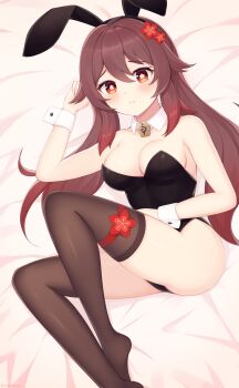 Rule 34 | 1girl, alternate costume, animal ears, ass, bare shoulders, bed sheet, black thighhighs, breasts, brown hair, cleavage, closed mouth, colored tips, commentary, detached collar, english commentary, fake animal ears, fang, flower, flower-shaped pupils, frown, genshin impact, hair flower, hair ornament, highres, hu tao (genshin impact), legband, lemonfira, leotard, licking lips, long hair, looking at viewer, lying, medium breasts, multicolored hair, on back, playboy bunny, rabbit ears, red eyes, sidelocks, solo, symbol-shaped pupils, thighhighs, tongue, tongue out, twintails, wrist cuffs