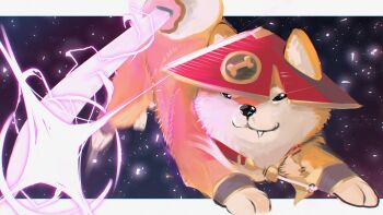 black_eyes bone_print border character_request dog fang fang_out genshin_impact hat highres holding holding_sword holding_weapon kobi420 light_particles motion_lines outside_border purple_background red_hat shiba_inu sketch sparkle sword weapon white_border