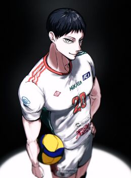 1boy aged_up ball black_hair closed_mouth commentary covered_pectorals grey_eyes haikyuu!! hand_on_own_hip highres holding holding_ball kageyama_tobio looking_at_viewer male_focus name_unico pectorals short_hair solo sportswear standing symbol-only_commentary twitter_username volleyball_(object) volleyball_uniform