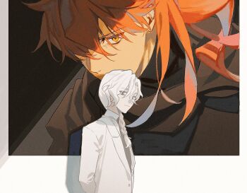 Rule 34 | 2boys, arms behind back, braid, brown cloak, chaldea no mono, cloak, covered mouth, fate/grand order, fate (series), formal clothes, grey eyes, hair over one eye, hashtag-only commentary, light smile, long hair, long sleeves, looking at viewer, low ponytail, male focus, marisbury animusphere, multiple boys, orange eyes, orange hair, ponytail, shadow, side braid, suit, sumssingbo, white hair, white suit
