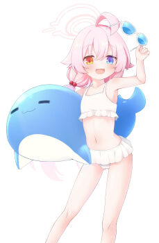 1girl :3 :d absurdres ahoge bare_shoulders bikini blue-tinted_eyewear blue_archive blue_eyes blush cameltoe carrying carrying_under_arm collarbone commentary eyes_visible_through_hair fang feet_out_of_frame frilled_bikini frills gluteal_fold hair_between_eyes hair_bobbles hair_ornament halo hand_up happy heterochromia highres holding holding_removed_eyewear hoshino_(blue_archive) hoshino_(swimsuit)_(blue_archive) huge_ahoge inflatable_toy inflatable_whale long_hair looking_at_viewer low_twintails navel official_alternate_costume official_alternate_hairstyle open_mouth pink_hair pink_halo rnond simple_background skin_fang smile solo standing stomach sunglasses swimsuit tinted_eyewear twintails unworn_eyewear white-framed_eyewear white_background white_bikini yellow_eyes
