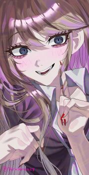 1girl black_shirt blonde_hair blue_eyes breasts cleavage collarbone commentary_request danganronpa:_trigger_happy_havoc danganronpa_(series) enoshima_junko highres large_breasts long_hair looking_at_viewer nail_polish no_choker red_nails shirt smile solo tarutaru428 teeth twintails