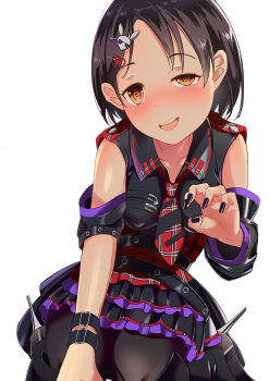 Rule 34 | 1girl, belt, black boots, black dress, black hair, black nails, black pantyhose, blush, boots, brown eyes, chain, detached sleeves, dot nose, dress, female focus, fingernails, flower, goth fashion, gothic lolita, hair flower, hair ornament, heart, heart-shaped pupils, high heel boots, high heels, highres, idolmaster, idolmaster cinderella girls, lolita fashion, long fingernails, looking at viewer, nail polish, necktie, nose blush, open mouth, pantyhose, rabbit hair ornament, red tie, sasaki chie, short hair, simple background, sitting, solo, sweat, symbol-shaped pupils, voidmaki, white background, wrist cuffs