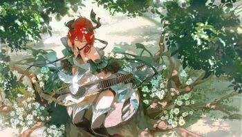 1girl bare_shoulders chinese_commentary ciaccona_(wuthering_waves) closed_eyes commentary_request dappled_sunlight detached_sleeves duplicate flower highres holding holding_instrument horns instrument music outdoors playing_instrument red_hair sitting solo sunlight thighhighs wuthering_waves xiaojiaju