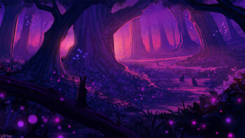 Rule 34 | branch, bug, butterfly, commission, forest, glowing, grass, insect, landscape, light particles, nature, original, painterly, purple light, purple theme, rabbit, signature, tree, wopgnop