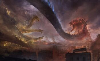 2019 artist_name battle bioluminescence burning_godzilla chenchihuei city cityscape cloud cloudy_sky dated destruction dragon dragon_wings electricity electrokinesis energy giant giant_monster glowing glowing_eyes glowing_mouth godzilla godzilla:_king_of_the_monsters godzilla_(monsterverse) godzilla_(series) highres horns kaiju king_ghidorah king_ghidorah_(monsterverse) legendary_pictures lightning monster monster_focus monsterverse multiple_heads no_humans open_mouth orange_eyes sharp_teeth signature sky spikes spines tail teeth toho wings yellow_eyes