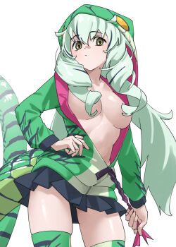 1girl black_hair black_skirt boomslang_(kemono_friends) breasts closed_mouth commentary convenient_hair cowboy_shot drill_hair drill_sidelocks green_eyes green_hair green_hoodie green_thighhighs hair_between_eyes hair_over_breasts hand_on_own_hip highres hood hood_up hoodie kemono_friends large_breasts long_hair long_sleeves looking_at_viewer low_twintails miniskirt multicolored_hair no_bra pleated_skirt print_hoodie print_thighhighs sidelocks simple_background skirt snake_girl snake_hood snake_print snake_tail solo streaked_hair striped_tail tail tanabe_(fueisei) thighhighs twintails two-tone_hair white_background zettai_ryouiki
