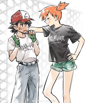 1boy 1girl artist_request ash_ketchum baseball_cap belt black_hair black_shirt blush chain-link_fence clenched_hands closed_eyes closed_mouth fence fingerless_gloves gloves green_gloves green_pants green_shorts grey_pants hand_on_own_hip hands_up hat highres kabedon knees misty_(pokemon) nintendo open_mouth orange_hair pants pokemon pokemon_(anime) pokemon_(classic_anime) ponytail shirt short_hair short_sleeves shorts side_ponytail smile source_request standing sweatdrop t-shirt white_shirt