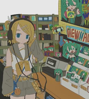 1girl aqua_hair bag belt black_sailor_collar black_shorts blonde_hair blue_bag blue_eyes bow cd_case character_charm charm_(object) crop_top detached_sleeves hair_bow hair_ornament hair_ribbon hairclip handbag hatsune_miku headphones highres kagamine_rin kousou_(vanilla_rkgk) long_hair looking_at_viewer neckerchief one_side_up record_store ribbon sailor_collar shirt shop short_hair shorts twintails vocaloid white_ribbon white_shirt yellow_belt yellow_nails yellow_neckerchief