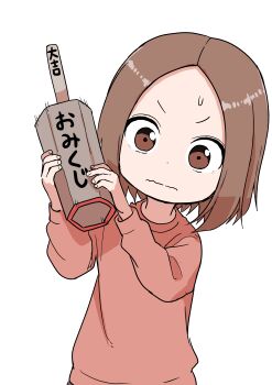 Rule 34 | 1girl, absurdres, brown eyes, brown hair, closed mouth, hands up, highres, holding, inaba mifumi, karakai jouzu no (moto) takagi-san, karakai jouzu no takagi-san, leaning to the side, long sleeves, medium hair, nishikata chii, short eyebrows, simple background, solo, sweatdrop, sweater, translated, wavy mouth, white background