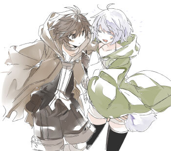 1boy 1girl 3_ma_me ahoge blush_stickers brown_eyes brown_hair closed_eyes collarbone dharc_(yu-gi-oh!) dharc_the_dark_charmer duel_monster grey_hair hooded_robe long_sleeves lyna_(yu-gi-oh!) lyna_the_light_charmer open_clothes open_mouth open_robe robe short_hair shorts thighhighs wide_sleeves yu-gi-oh!