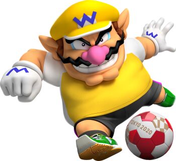 1boy 2020_summer_olympics 3d absurdres arms_up ball big_nose black_shorts black_socks blue_eyes brown_hair newsboy_cap clenched_hand clothes_writing facial_hair fat fat_man full_body gloves green_shoes grin happy hat highres kicking leg_up looking_at_viewer male_focus mario_&amp;_sonic_(series) mario_&amp;_sonic_at_the_tokyo_2020_olympic_games mario_(series) mustache nintendo official_art olympics outstretched_arm pointy_ears raglan_sleeves running shirt shoes short_hair short_sleeves shorts simple_background smile soccer soccer_ball soccer_uniform socks solo sportswear standing standing_on_one_leg teeth third-party_source transparent_background v-shaped_eyebrows wario white_gloves white_sleeves yellow_hat yellow_shirt