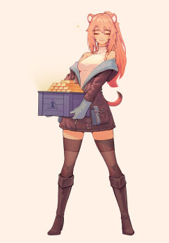 1girl absurdres animal_ears arknights barcode barcode_tattoo bare_shoulders blue_gloves blue_jacket boots brown_boots brown_jacket brown_thighhighs chinese_commentary closed_eyes closed_mouth commentary_request covered_collarbone crate facing_viewer full_body gloves gold gravel_(arknights) grey_background highres holding hood hood_down hooded_jacket jacket knee_boots long_hair off_shoulder pink_hair pink_tail rhodes_island_logo_(arknights) rongyuanfeida rubber_gloves shirt sidelocks simple_background solo standing star_(symbol) tail tail_raised tattoo thighhighs turtleneck turtleneck_shirt two-sided_fabric two-sided_jacket white_shirt zettai_ryouiki