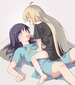 2girls ahoge barefoot black_shirt blonde_hair blue_shirt blue_shorts cho_kaguya-hime! closed_eyes commentary_request green_eyes hambuta highres kaguya_(cho_kaguya-hime!) korean_commentary long_hair multiple_girls open_mouth purple_hair sakayori_iroha shirt shorts straddling sweat yuri