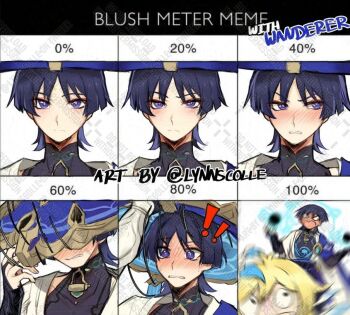 ! !! ._. 1boy 1girl armor black_bodysuit black_bridal_gauntlets black_hair blonde_hair blue_flower blue_halo blue_hat blue_kimono blunt_ends blush bodysuit bridal_gauntlets bright_pupils chart clenched_teeth closed_mouth covered_collarbone embarrassed expressionless fingernails flower full-face_blush genshin_impact glowing_markings gold gold_ring hair_flower hair_ornament halo han'eri hands_up hat hat_over_eyes holding holding_unworn_clothes holding_unworn_hat japanese_armor japanese_clothes jingasa kimono kote kurokote layered_kimono looking_at_viewer looking_to_the_side lumine_(genshin_impact) magic_circle mandarin_collar meilynn-hayakan meme middle_ring open_clothes open_kimono outstretched_arms percentage purple_eyes raised_eyebrow scaramouche_(genshin_impact) short_hair shoulder_peek sideways_glance spread_arms teeth tilted_headwear unworn_hat unworn_headwear v-shaped_eyebrows wanderer_(genshin_impact) white_flower white_kimono white_pupils wide-eyed