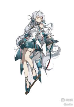 1girl bare_shoulders closed_mouth dated double-parted_bangs full_body gloves green_gloves green_shoes green_skirt long_hair mihuashi_username original pleated_skirt shirt shoes signature simple_background skirt sleeveless sleeveless_shirt solo very_long_hair white_background white_hair white_shirt yellow_eyes zeriko