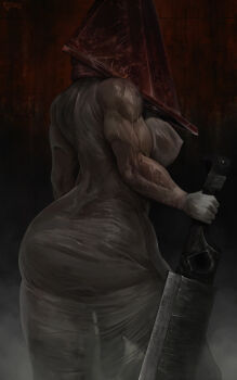 1futa ass breasts commentary covered_erect_nipples dress english_commentary flaccid from_behind futanari genderswap genderswap_(mtf) great_knife highres holding holding_sword holding_weapon huge_breasts huge_weapon large_penis looking_back mature_female muscular muscular_female no_bra nyuunzi object_head penis pyramid_head reverse_grip silent_hill_(series) silent_hill_2 silhouette sleeveless sleeveless_dress solo sword thick_thighs thighs weapon wet when_you_see_it