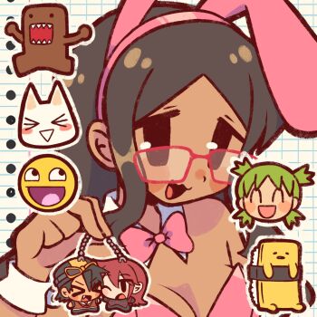 1girl animal_ear_hairband animal_ears artist_self-insert bare_shoulders black_eyes black_hair bow bowtie breasts character_charm character_request charm_(object) cleavage close-up copyright_request dark-skinned_female dark_skin ethan_(pokemon) fake_animal_ears glasses gudetama hairband highres leotard long_hair medium_breasts nakano_yotsuba nintendo open_mouth original parted_bangs pink_bow pink_bowtie pink_hairband pink_leotard playboy_bunny pokemon pokemon_adventures pokemon_hgss red-framed_eyewear sanrio silver_(pokemon) smile sofo_soup solo upper_body wrist_cuffs yotsubato!