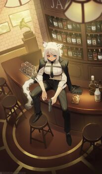 1girl artist_name bar_(place) belt black_nails black_necktie black_pants black_shoes blue_eyes bottle breasts chest_harness coat coat_on_shoulders commentary commission counter cup drinking_glass english_commentary gun handgun harness heterochromia highres holding holding_gun holding_weapon indoors large_breasts long_sleeves looking_at_viewer nail_polish necktie on_counter original pants phonograph red_eyes shirt shoes short_hair sitting sleeves_rolled_up snow_leopard_ears snow_leopard_girl snow_leopard_tail solo stool tostantan weapon white_hair white_shirt