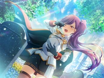 Rule 34 | 1girl, armband, black armband, black gloves, black skirt, cape, crying, crying with eyes open, day, dutch angle, epaulettes, game cg, gloves, graveyard, hat, holding, holding unworn clothes, holding unworn hat, jacket, liu mei fan, long hair, looking at viewer, miniskirt, mole, mole under eye, official art, one eye closed, open mouth, peaked cap, pencil skirt, purple hair, red cape, red eyes, shoujo kageki revue starlight, shoujo kageki revue starlight -re live-, skirt, solo, standing, swept bangs, tears, thigh strap, unworn hat, unworn headwear, upper body, very long hair, white jacket