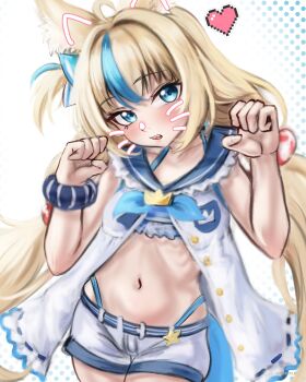 Rule 34 | 1girl, absurdres, ahoge, animal ears, bikini, blonde hair, blue eyes, blue hair, breasts, cat ears, claw pose, colycycle, dress, fake whiskers, heart, highleg, highleg bikini, highres, indie virtual youtuber, long hair, looking at viewer, multicolored hair, one side up, open mouth, pixel heart, sameko saba, short shorts, shorts, small breasts, solo, streaked hair, swimsuit, very long hair, virtual youtuber, white dress, white shorts