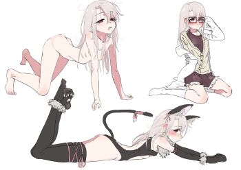 1girl ajishishi all_fours animal_ear_fluff animal_ears arched_back ass bare_arms bare_legs bare_shoulders blush breasts butt_crack collarbone commentary completely_nude elbow_gloves english_commentary fake_animal_ears fake_tail fate/kaleid_liner_prisma_illya fate_(series) flat_chest fluff fluffy_legwear frilled_skirt frills gloves hair_between_eyes highres illyasviel_von_einzbern illyasviel_von_einzbern_(beast_style) kneehighs leotard long_hair lying multiple_views nude off_shoulder on_stomach panties red_eyes ribs simple_background sitting skirt small_breasts socks sunglasses tail thighhighs thighs underwear wariza white_background white_hair