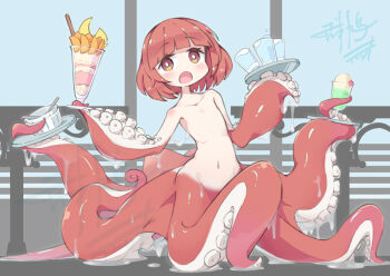1girl artist_name bare_shoulders blue_background blush bowl bright_pupils brown_eyes cherry colored_skin commentary_request commission doorway fence flat_chest food fruit glass gradient_skin holding holding_tray ice_cream leaning_to_the_side looking_at_viewer milkshake monster_girl multicolored_skin murabatodenki navel no_nipples nude original parfait red_hair ribs road scylla signature skeb_commission slime_(substance) solo stick stomach street suction_cups surprised tentacle_arm tentacles tray two-tone_skin white_pupils