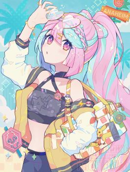 1girl adjusting_eyewear alternate_costume alternate_hairstyle bag bag_charm bellibolt black_choker blue_hair blush bracelet braid breasts character_charm charm_(object) choker crop_top eyewear_on_head gen_1_pokemon gen_5_pokemon haru_(haruxxe) heart heart-shaped_eyewear highres iono_(pokemon) jacket jewelry jigglypuff lightning_bolt_symbol long_hair long_sleeves looking_at_viewer love_ball luxury_ball master_ball midriff multicolored_hair multiple_rings nintendo open_clothes open_jacket parted_lips pikachu pin pink_hair poke_ball poke_ball_(basic) pokemon pokemon_sv ponytail purple_eyes ring shorts shoulder_bag solo star_(symbol) sunglasses vanillite white_sleeves yellow_jacket