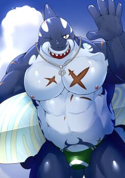 1boy abs bara blue_eyes bulge cowboy_shot cross_scar furry furry_male holding holding_surfboard kyatune large_pectorals looking_at_viewer male_focus muscular muscular_male navel nipples one_eye_closed pectorals scar scar_on_chest scar_on_face shark_boy shark_fin sharp_teeth smile solo standing stomach strongman_waist surfboard teeth thick_thighs thighs tokyo_houkago_summoners topless_male typhon_(housamo) waving