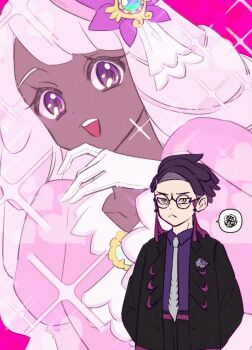 1boy 1girl annoyed ascot black-framed_eyewear black_hair black_jacket corbeau_(pokemon) dark-skinned_female dark_skin dress fascinator formal_clothes frilled_ascot frills gem glasses gloves highres jacinthe_(pokemon) jacket kooda long_hair long_sleeves looking_at_viewer low_drills necktie nintendo open_mouth parted_hair pink_background pokemon pokemon_legends:_z-a purple_dress purple_eyes purple_hair purple_jacket round_eyewear serious short_hair smile sparkle sparkling_eyes suit suit_jacket undercut very_dark_skin white_gloves white_necktie yellow_eyes
