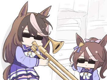2girls animal_ears bow brown_hair hair_between_eyes hair_ribbon holding holding_instrument horse_ears horse_girl horse_tail instrument kawamochi_(kawauti919) long_sleeves meme multicolored_hair multiple_girls oven pink_ribbon pleated_skirt ponytail puffy_long_sleeves puffy_sleeves purple_shirt purple_skirt purple_thighhighs ribbon shirt skirt streaked_hair sunglasses symboli_rudolf_(umamusume) tail thighhighs tokai_teio_(umamusume) trombone two-tone_hair umamusume when_mama_isn&#039;t_home_(meme) white_bow white_hair