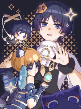 2boys absurdres alternate_hair_length alternate_hairstyle animal_ear_fluff animal_ears animalization back_bow bandaged_arm bandaged_hand bandaged_torso bandaged_wrist bandages bare_shoulders black_hair black_overalls blue_bow blue_eyes blunt_ends bow braid bright_pupils casual cat cat_ears cat_hair_ornament character_doll clenched_hand contemporary doll dual_persona eyeliner eyeshadow feathers frown fur_wrist_cuffs genshin_impact hair_ornament halloween halloween_costume hands_up highres humanization long_hair looking_at_viewer looking_back low_twin_braids makeup marionette_controller multiple_boys official_alternate_costume open_hands open_mouth overalls person_and_animalization pom_pom_(clothes) pumpkin_hat puppet_strings purple_cat purple_eyes red_eyeliner red_eyeshadow scaramouche_(cat)_(genshin_impact) scaramouche_(genshin_impact) shenqiabei shirt short_sleeves teeth tongue tongue_out twin_braids undershirt upper_teeth_only wanderer_(genshin_impact) white_pupils white_shirt white_sleeves wispy_bangs wrist_cuffs yellow_feathers