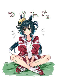 1girl absurdres animal_ears blush bow closed_mouth collarbone ears_through_headwear grass green_eyes green_hair gym_shirt hair_between_eyes hat hat_bow highres horse_ears horse_girl horse_tail jacket kiseki_(umamusume) looking_at_viewer medium_hair morizu929 multicolored_hair open_clothes open_jacket red_jacket red_shorts shirt shoes shorts sitting socks solo tail tracen_training_uniform track_jacket umamusume white_shirt white_socks white_streaks yellow_beret