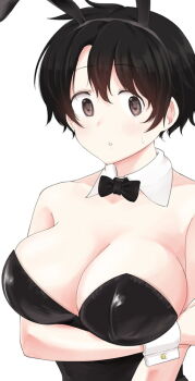 Rule 34 | 1girl, animal ear hairband, animal ears, arm under breasts, bare shoulders, black bow, black bowtie, black hair, black hairband, black leotard, bow, bowtie, breasts, brown eyes, cleavage, commentary request, detached collar, fake animal ears, hairband, large breasts, leotard, looking at viewer, meika-san wa oshikorosenai, oka miyako, parted lips, playboy bunny, rabbit ear hairband, rabbit ears, saitou shouki, short hair, simple background, solo, sweatdrop, teeth, white background, white wrist cuffs, wrist cuffs