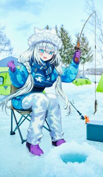 1girl :d blue_coat blue_eyes blue_scarf blush boots breasts clenched_hands coat commentary_request dobrynya_nikitich_(fate) dobrynya_nikitich_(over_the_same_sky)_(fate) fate/grand_order fate_(series) fish fishing fishing_rod full_body game_cg gloves hat holding holding_fishing_rod long_hair long_sleeves low-tied_long_hair official_art open_mouth outdoors pants photo_background purple_boots purple_gloves robina scarf sitting smile snow solo third-party_source white_hat white_pants winter_clothes winter_coat