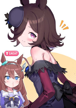 2girls absurdres ahoge alternate_hair_length alternate_hairstyle animal_ears aroused_nosebleed bare_shoulders black_collar blood blue_eyes blue_flower blue_hat blue_rose blush bow breasts brown_hair closed_mouth collar commentary_request detached_collar dress ear_ornament fascinator flower fur_choker gameplay_mechanics grey_hairband hair_between_eyes hair_ornament hair_over_one_eye hairband hat hat_flower highres horse_ears horse_girl horse_tail implied_yuri long_hair long_sleeves looking_at_viewer mihono_bourbon_(umamusume) mood_(umamusume) multiple_girls nosebleed off-shoulder_dress off_shoulder purple_bow purple_dress purple_eyes purple_serafuku purple_shirt red_sleeves rice_shower_(rosy_dreams)_(umamusume) rice_shower_(umamusume) rose sailor_collar sailor_shirt school_uniform serafuku shirt short_hair silver_hairband smile somray sweat tail thai_commentary tilted_headwear tracen_school_uniform umamusume upper_body white_sailor_collar