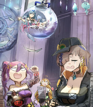 4girls angry blonde_hair blue_hair breasts brown_hair cleavage crying duel_monster exhausted genni_(yu-gi-oh!) hatano_kiyoshi highres lazy multiple_girls paper paper_stack purple_hair rilliona_(yu-gi-oh!) shouting witchcrafter_edel witchcrafter_genni witchcrafter_haine witchcrafter_madame_verre yu-gi-oh!