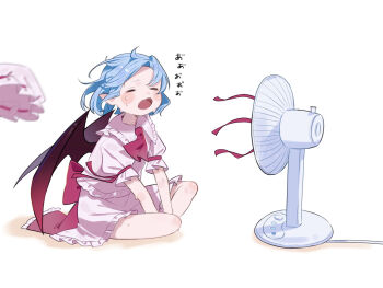 Rule 34 | 1girl, ascot, bat wings, blue hair, closed eyes, commentary request, electric fan, fang, fanning self, full body, hair between eyes, hat, highres, hot, ko gyoku, mob cap, open mouth, pink hat, pink shirt, pink skirt, puffy short sleeves, puffy sleeves, red ascot, remilia scarlet, shirt, short hair, short sleeves, simple background, sitting, skin fang, skirt, solo, sweat, sweatdrop, touhou, translation request, unworn hat, unworn headwear, wariza, white background, wings