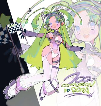 1girl antenna_hair arm_warmers checkered_flag clothing_request commentary commission cyber_fashion fashion flag green_hair headset highres holding holding_flag long_hair long_sidelocks looking_at_viewer navel o-ring original pointy_ears purple_eyes roller_skates see-through_clothes sidelocks skates skeb_commission solo soreeyu_(sore-yu) symbol-only_commentary two_side_up very_long_hair visor_cap zoom_layer