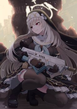 1girl absurdres aqua_neckerchief black_boots black_dress black_gloves black_thighhighs black_veil blue_archive boots closed_mouth commentary_request convenient_leg copyright_name crossed_bangs dress fighting_stance floating_hair frilled_dress frilled_sleeves frills girugiru_(tektonics6588) gloves grey_hair gun hair_between_eyes halo highres holding holding_gun holding_weapon juliet_sleeves long_hair long_sleeves looking_to_the_side neckerchief nun outdoors puffy_sleeves red_eyes sakurako_(blue_archive) serious solo split_mouth squatting thighhighs trinity_general_school_logo tsurime v-shaped_eyebrows veil very_long_hair weapon yellow_halo