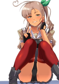 ahoge black_gloves black_panties brown_hair fingerless_gloves gloves green_eyes grey_overskirt heart heart_ahoge highres kantai_collection kashi_(kancolle) long_hair looking_at_viewer one_side_up panties pleated_skirt red_thighhighs school_uniform serafuku short_sleeves side_ponytail sitting skirt smile thighhighs tirasi_(so) underwear very_long_hair