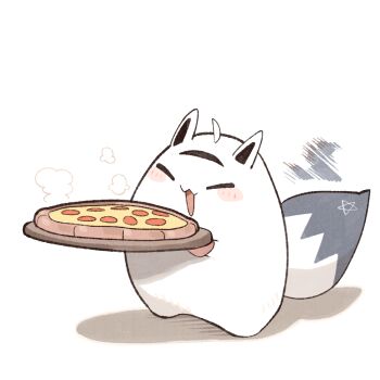 Rule 34 | :3, ahoge, animal ears, closed eyes, cocomayo29 (tomato), commentary request, food, fox ears, fox tail, holding, hololive, korean commentary, miteiru (shirakami fubuki), no humans, open mouth, pentagram, pizza, simple background, tail, virtual youtuber