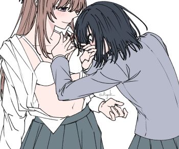 Rule 34 | 2girls, a jak, black hair, blush, bra, brown hair, grey jacket, grey skirt, jacket, long hair, medium hair, miyagi shiori, multiple girls, open clothes, open shirt, pleated skirt, purple eyes, school uniform, sendai hazuki, shirt, shuuniichido classmate wo kau hanashi, simple background, skirt, underwear, white background, white bra, white shirt, yuri