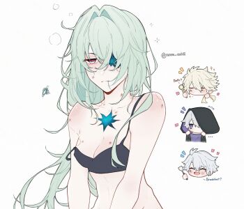 Rule 34 | 1girl, 3boys, anaxa (honkai: star rail), anger vein, bite mark, bite mark on breast, bite mark on neck, bite mark on shoulder, black bra, black hoodie, blonde hair, blue eyes, bra, breasts, chibi, chibi inset, cleavage, closed eyes, closed mouth, commentary, cropped, english commentary, english text, eyepatch, flame reaver of the deepest dark, genderswap, genderswap (mtf), green hair, hair between eyes, hair in own mouth, hair intakes, hetero, hickey, highres, holding, holding brush, holding spatula, honkai: star rail, honkai (series), hood, hoodie, implied after sex, long hair, medium breasts, multicolored eyes, multiple boys, multiple persona, nao kii, one eye covered, phainon (honkai: star rail), phainon (khaslana) (honkai: star rail), pink eyes, purple eyes, short hair, simple background, solo focus, spatula, squeans, squiggle, strap slip, two-tone eyes, underwear, underwear only, upper body, very long hair, white background, white hair