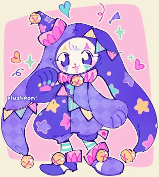 1other :3 bell border bunting commentary english_commentary facepaint full_body furry hat jaltoid jester jester_cap jingle_bell looking_at_viewer neck_ruff onesie open_mouth original other_focus pink_background purple_eyes purple_shoes shoes smile solo sparkle standing star_(symbol) white_border white_fur yume_kawaii