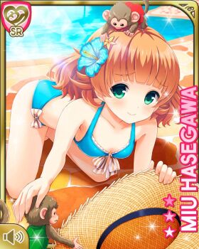 1girl animal animal_on_head bare_arms bare_shoulders barefoot beach bikini blonde_hair blue_bikini card_(medium) closed_mouth day flower girlfriend_(kari) green_eyes hair_flower hair_ornament hasegawa_miu hat kneeling looking_at_viewer monkey navel official_art on_head outdoors qp:flapper short_hair skirt smile solo swimsuit tagme