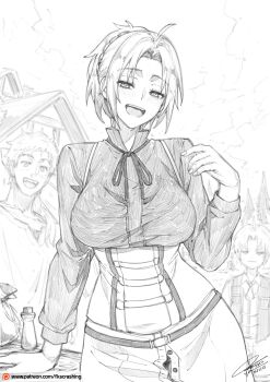 Rule 34 | 1girl, 2boys, absurdres, ahoge, arm support, breasts, closed mouth, commentary, dated, dress, english commentary, fkscrashing, graphite (medium), greyscale, half-closed eyes, hand up, hatching (texture), highres, house, large breasts, linear hatching, long sleeves, looking at viewer, monochrome, multiple boys, mushoku tensei, neck ribbon, open mouth, outdoors, paid reward available, patreon logo, patreon username, paul greyrat, ribbon, rudeus greyrat, signature, smile, solo focus, teeth, tongue, traditional media, tree, upper body, upper teeth only, v-shaped eyebrows, watermark, web address, zenith greyrat