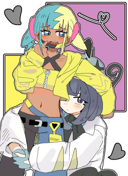 2girls aqua_eyes aqua_hair bad_id bad_pixiv_id blonde_hair blue_gloves blush canari_(pokemon) closed_mouth coat crop_top dark-skinned_female dark_skin eyelashes gloves gwynn_(pokemon) han0579 heart highres hug hug_from_behind jacket long_sleeves looking_at_another looking_at_viewer mask mask_pull mouth_mask multicolored_hair multiple_girls navel nintendo open_mouth pants partially_fingerless_gloves pokemon pokemon_legends:_z-a purple_eyes purple_hair short_hair simple_background split-color_hair twintails two-tone_hair white_coat yellow_jacket