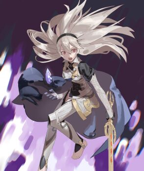 1girl absurdres arm_at_side armor barefoot black_gloves black_hairband blue_cape breasts cape clenched_hands determined eyelashes feet feet_up female_corrin_(fire_emblem) fighting_stance fire fire_emblem fire_emblem_fates flipped_hair floating_cape floating_hair full_body gloves grey_hair hair_between_eyes hair_ornament hairband hand_up highres holding holding_sword holding_weapon intelligent_systems kucheat_zg long_hair medium_breasts nintendo pointy_ears purple_fire red_eyes sidelocks slit_pupils standing standing_on_one_leg stirrup_legwear sword toeless_legwear toenails toes turning_head v-shaped_eyebrows wavy_hair weapon yato_(fire_emblem)